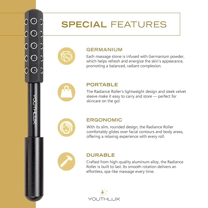 Radiance Roller – Germanium Stone Facial Massage Tool for Lifting, Sculpting, De-Puffing, Glow Boost, Energizing & Cooling Effect (Black)-GlimoraGlow