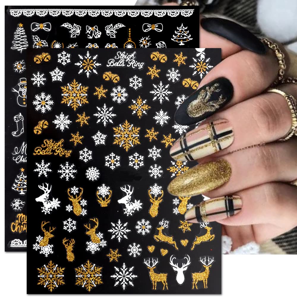 JMEOWIO 9 Sheets Christmas Nail Art Stickers Decals Self-Adhesive Pegatinas Uñas Bling Snowflake Snowman Holiday White Gold Nail Supplies Nail Art Design Decoration Accessories-GlimoraGlow