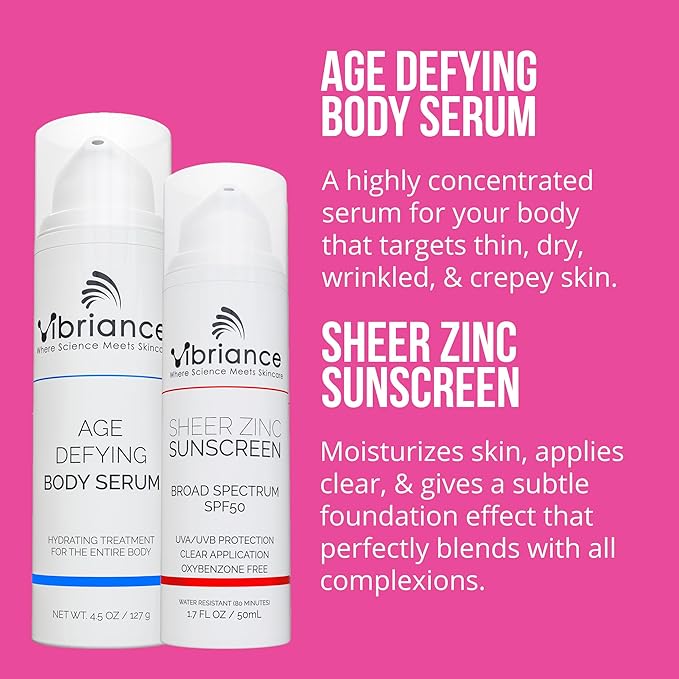 Vibriance Premium Skincare Bundle | Super C All-in-One Serum, Face Cleanser, Moisturizing Cream, Sheer Zinc Sunscreen SPF 50, Age Defying Body Creme - Heal, Hydrate, Protect, Rejuvenate-GlimoraGlow