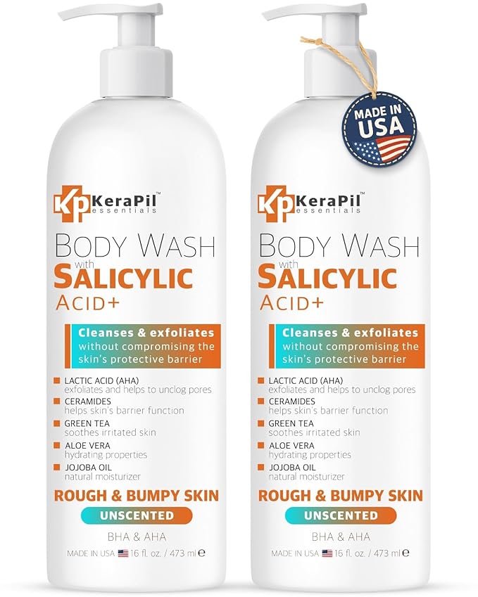 Salicylic Acid Body Wash - Skin Non-drying, Gentle Exfoliates Rough and Bumpy Skin, Body Acne Wash, BHA & AHA - Unscented Exfoliating Body Wash, Made in USA - (16 fl oz x 2)-GlimoraGlow
