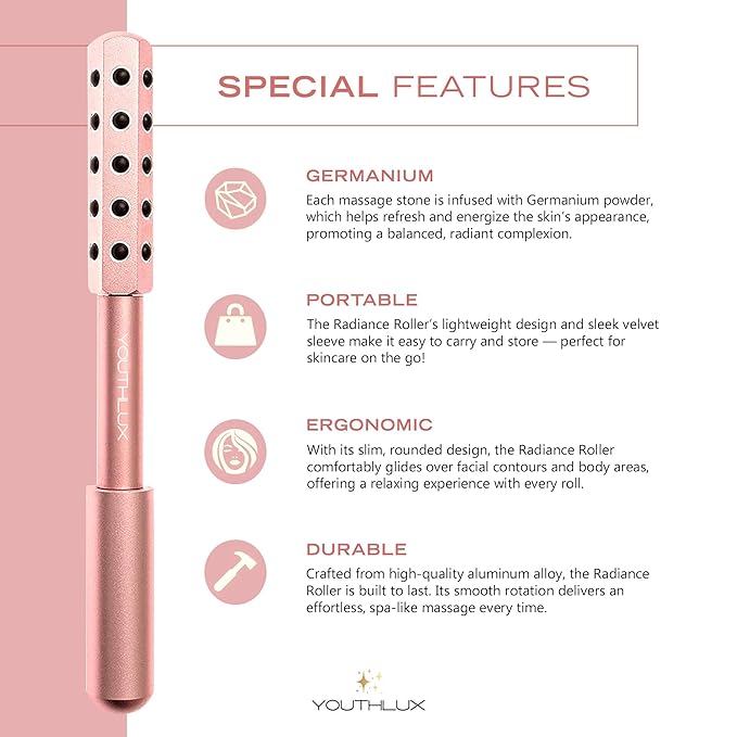 Radiance Roller - Germanium Stone Uplifting Face Beauty Massage Tool/Roller/Wand for Skin Tightening, De-Puffing, Sculpt/Lift, Anti-Aging | Uplift Face Roller, Facial Roller (Rose Gold)-GlimoraGlow
