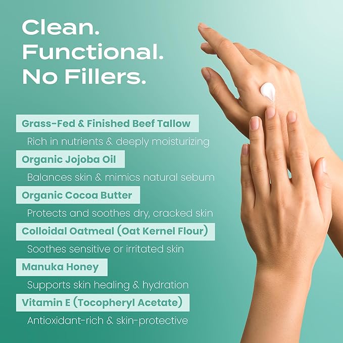 Body Restore Grass Fed Whipped Beef Tallow for Skin, Face, Body, Dry Skin - with Manuka Honey, Jojoba Oil, Birthday Gifts for Women, Men, Travel Essentials, Self Care - Eucalyptus-GlimoraGlow