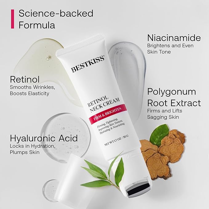 Retinol Neck Firming Cream with Cooling & Massaging Roller Applicator - Hydrates, Lifts, Smoothes Wrinkles, Fine Lines & Tightens Sagging Skin with Niacinamide & Hyaluronic Acid, 1.7oz/50g-GlimoraGlow