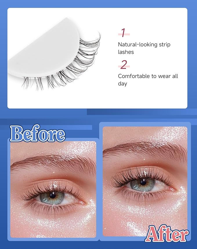 Short Lashes Natural Look Wispy False Eyelashes Flared Strip Eyelash Small Lash Fluffy Clear Band 7 Pairs SF-08-GlimoraGlow
