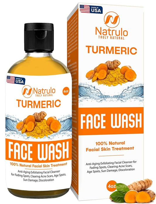 Natrulo Turmeric Face Wash, 4oz Clear Skin Liquid Soap – 100% Natural Anti Aging Exfoliating Turmeric Facial Cleanser for Fading Spots, Clearing Acne Scars, Age Spots, Sun Damage, Discoloration-GlimoraGlow