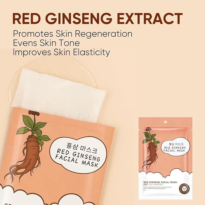10Pack Sheet Face Masks Skincare for All Skin Types, Moisturizing Hydrating Face Masks Suitable for Sensitive Skin, Red Ginseng Face Masks for Wrinkles, Fine-Lines, Firmness and Elasticity-GlimoraGlow
