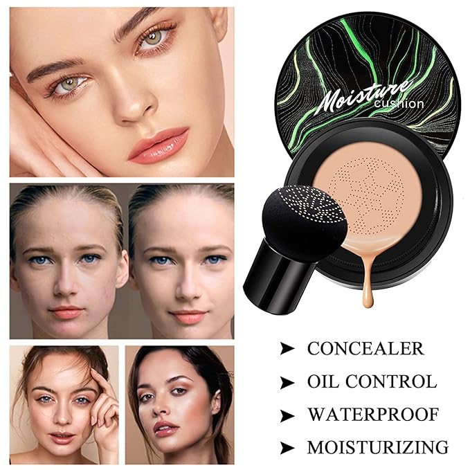 2 PCS Mushroom Head Air Cushion CC Cream Nature Foundation,Foundation Brush Powder Brush,Moisturizing Concealer, Bright Makeup Base Long Lasting with Mushroom Makeup Sponge(#03 Warm Nude)-GlimoraGlow