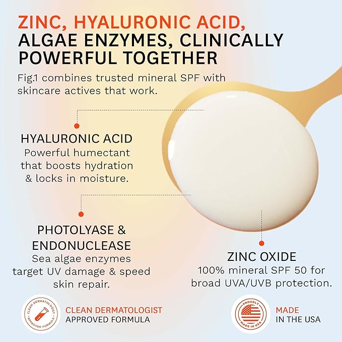 Fig.1 Mineral Sunscreen for Face SPF 50 | Zinc Oxide Face Sunscreen Moisturizer with Hyaluronic Acid & Antioxidant | Broad Spectrum Sun Protection –Fragrance-Free, Lightweight, Invisible Finish, 1.7oz-GlimoraGlow