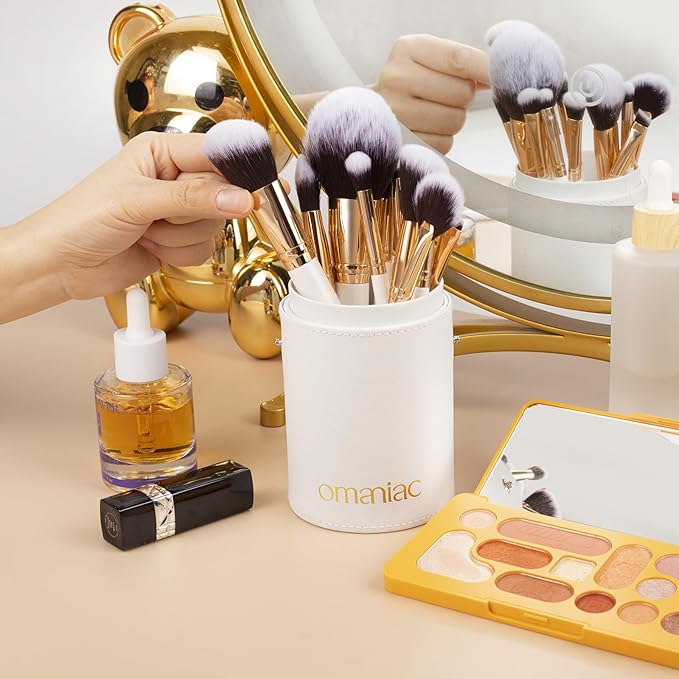 OMANIAC Makeup Brush Set Professional, 12 Pearlescent Wood Handle Makeup Brushes, Premium Cruelty-Free Synthetic Fiber Hair, Travel Make up Brushes Set with Case (White).-GlimoraGlow