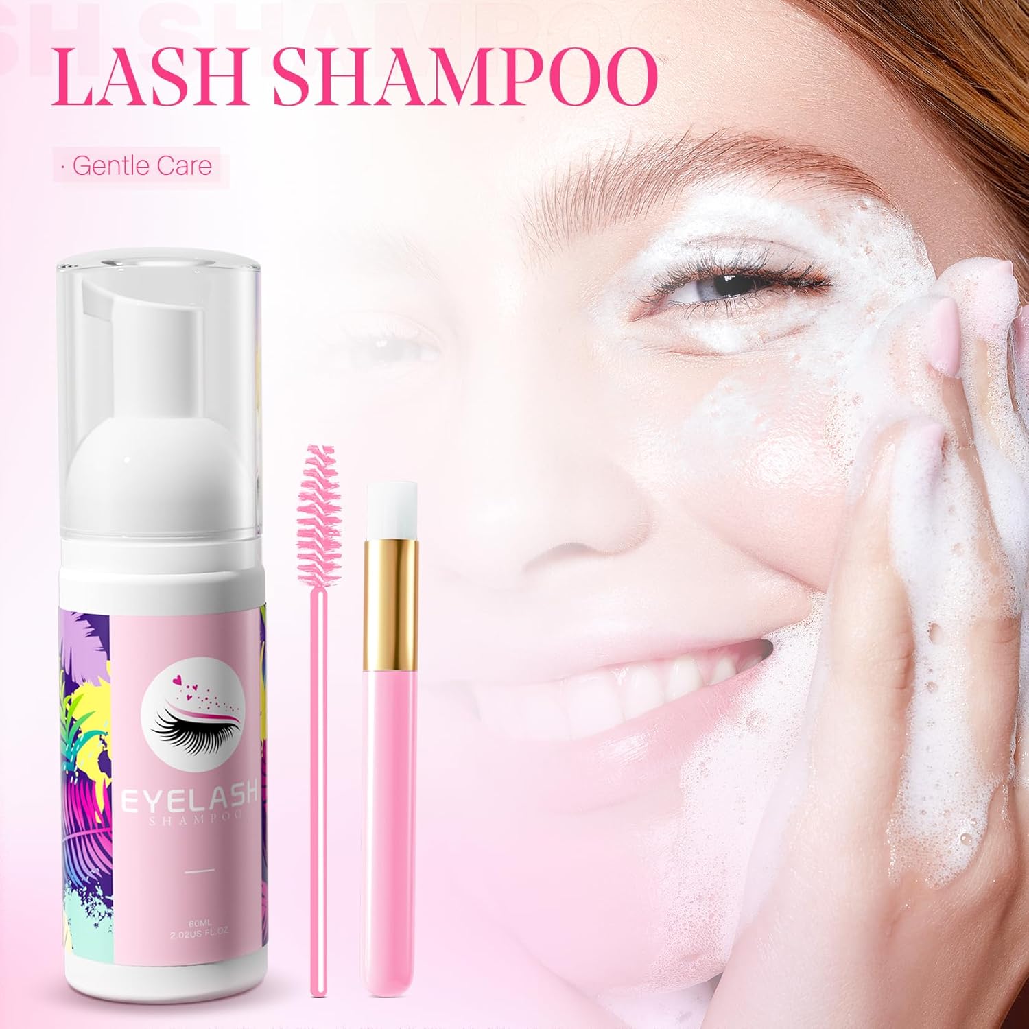 Lash Shampoo for Lash Extensions 60ml Eyelash Extension Cleanser Lash Shampoo Cleaning Kit with Shampoo Brush & Mascara Brush-No Irritating Foaming Eyelash Makeup Remover for Home Salon Use-GlimoraGlow