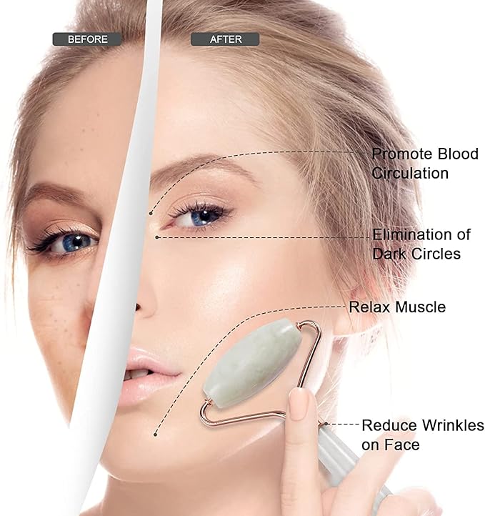 Jade Roller for Face, Facial Roller Massager Skin Care Tool, Gua Sha Facial Tools for Face, Neck, Eyes, Reduce Puffiness of The Skin-GlimoraGlow