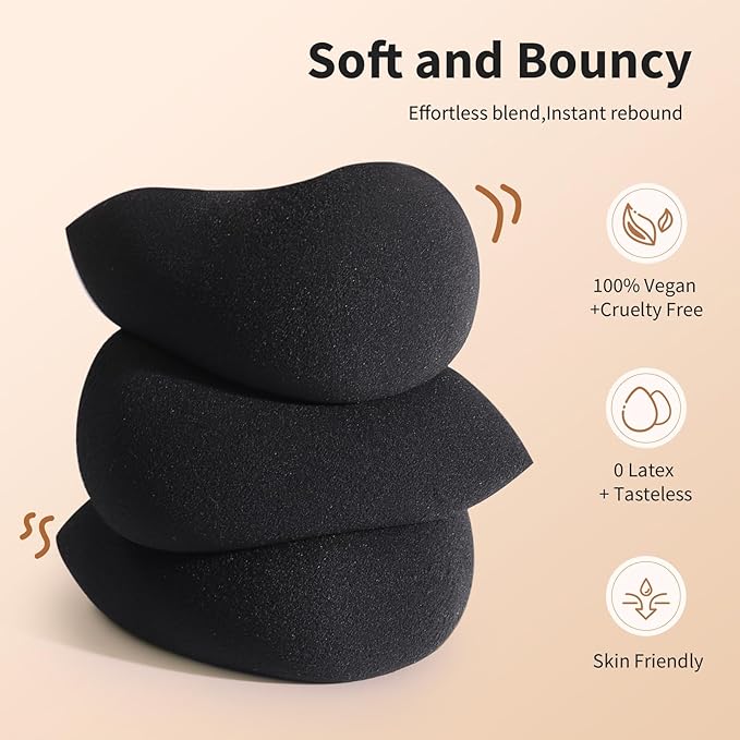BEAKEY Makeup Sponge Set, 5 Pcs Foundation Blending Sponge, Beauty Sponges Flawless for Liquid, Cream, and Powder, Latex-Free and Vegan Boun Boun Sponges, Makeup Sponges Black-GlimoraGlow