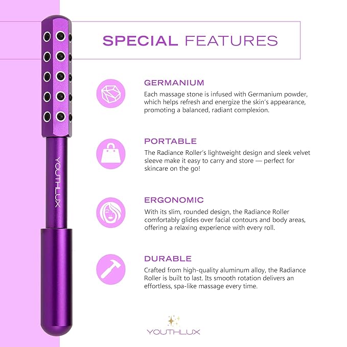 Radiance Roller – Germanium Stone Facial Massage Tool for Lifting, Sculpting, De-Puffing, Glow Boost, Energizing & Cooling Effect (Purple)-GlimoraGlow
