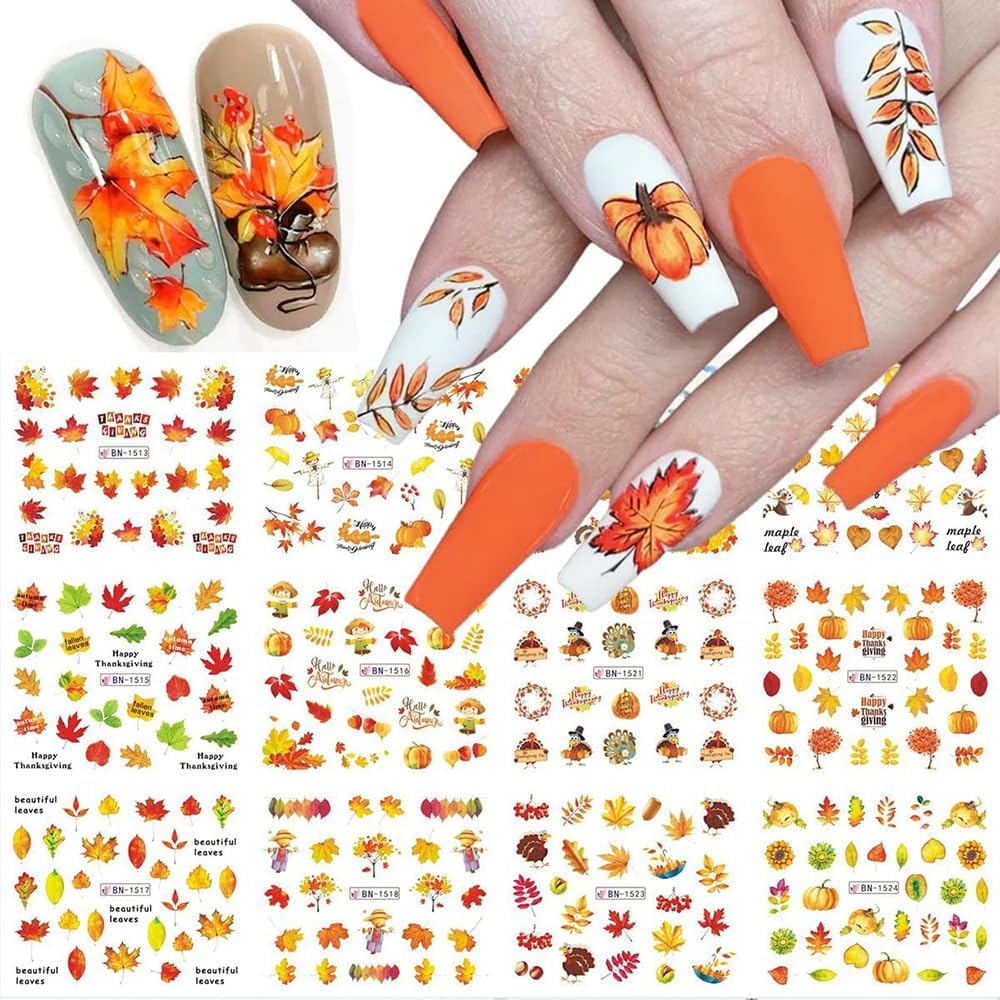 12 Sheets Fall Maple Leaf Nail Art Stickers Autumn Water Transfer Nail Decals Thanksgiving Day Nail Art Supplies Turkey Pumpkin Leaves Scarecrow Nail Design Slider Stickers for Women Nail Decorations-GlimoraGlow