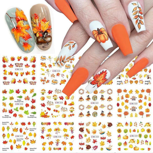 12 Sheets Fall Maple Leaf Nail Art Stickers Autumn Water Transfer Nail Decals Thanksgiving Day Nail Art Supplies Turkey Pumpkin Leaves Scarecrow Nail Design Slider Stickers for Women Nail Decorations-GlimoraGlow