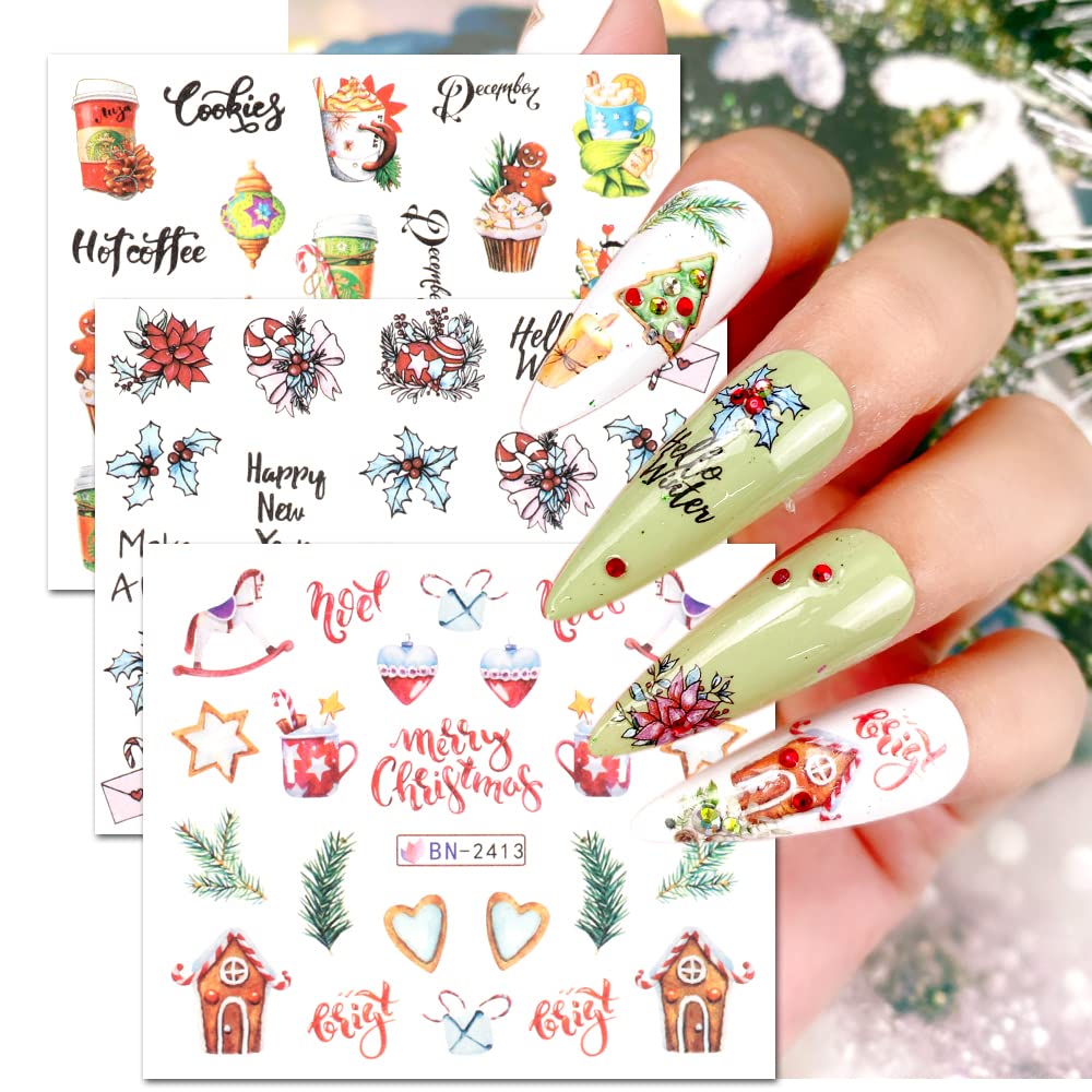 12 Sheets Christmas Nail Art Stickers Snowflake Water Transfer Nail Decals Holographic Gingerbread Man Snow Trees Winter Design Watermark Nail Foils Stickers for Women Xmas Nail Decorations-GlimoraGlow