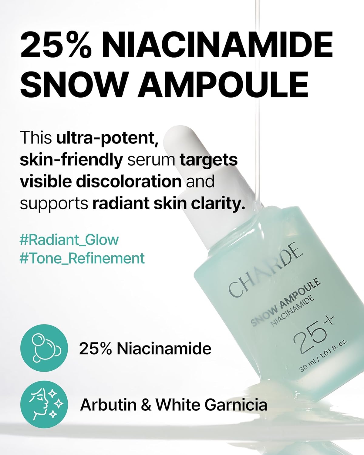 Charde Niacinamide 25% Snow Ampoule for Face, Dark Spot Care for Hyperpigmentation, Freckles & Sun Spots | Radiance Boosting with White Garcinia & Arbutin, Korean Skin Care, 1.01 fl. oz.-GlimoraGlow