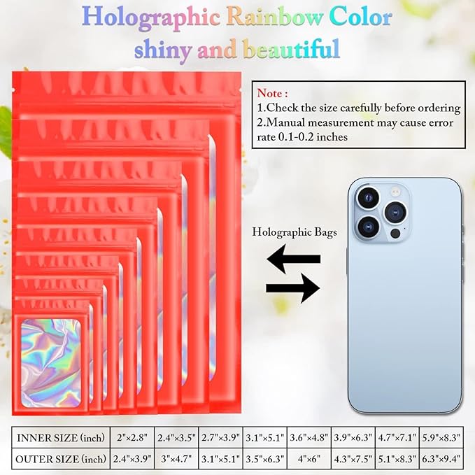 100 Pieces Smell Proof Mylar Resealable Bags, Holographic Packaging Bags, Resealable Odor Foil Pouch Zip Bag with Clear Window for Food Storage and Lipgloss, Jewelry Lash (Red, 3.5 x 6.3 Inch)-GlimoraGlow