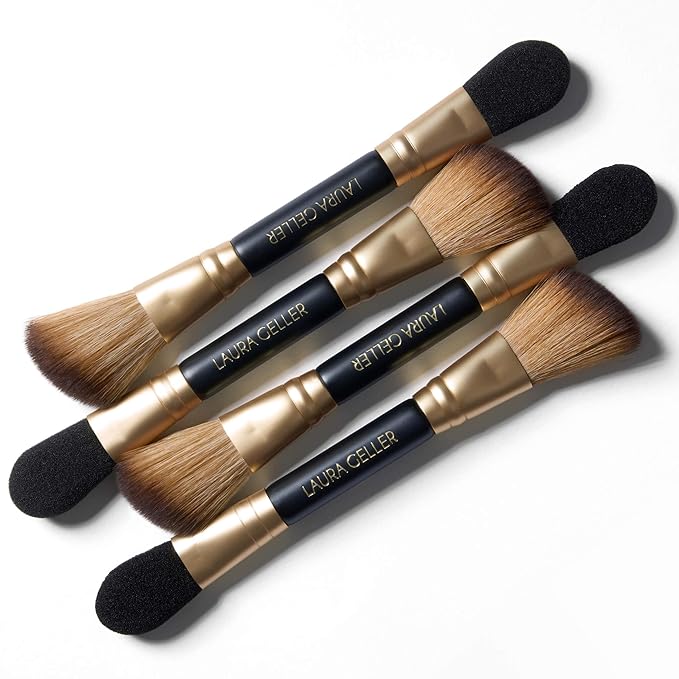 LAURA GELLER NEW YORK Dual-Ended Highlighter Brush - Multipurpose Makeup Brush for Highlighter, Blush, Bronzer and More - Includes Dual-Fiber Vegan Bristles and Satin Paddle for Flawless Application-GlimoraGlow