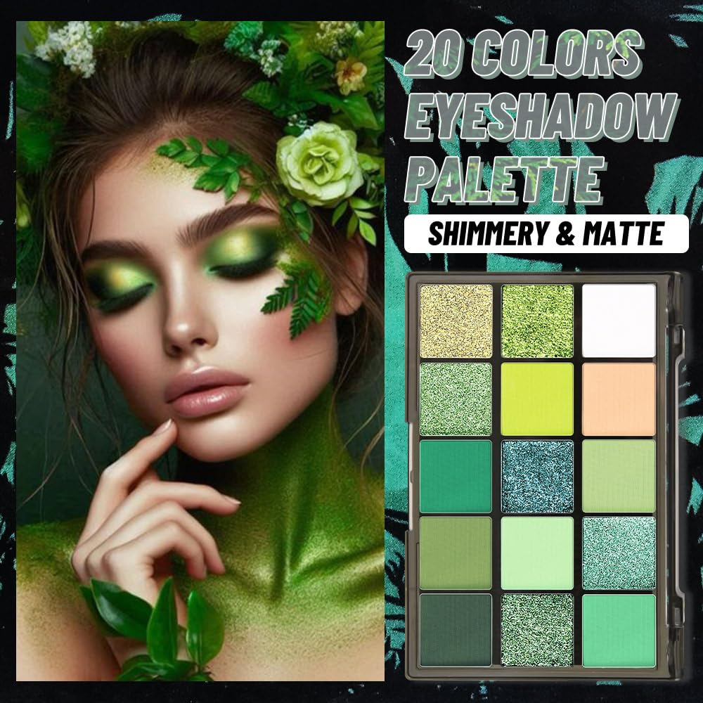 15 Colors Green Matte & Shimmer Eyeshadow Palette - Olive Teal GreenYellow DarkSeaGreen LimeGreen Pink White Eye Shadow Primers Powder for Smoky Looks, Makeup Artist Friendly, Vegan & Cruelty-Free-GlimoraGlow