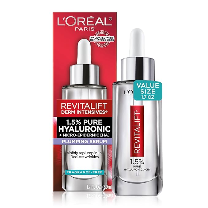 L'Oreal Paris Revitalift 1.5% Pure Hyaluronic Acid Face Serum, Hydrate & Reduce Wrinkles, Fragrance Free 1.7 oz-GlimoraGlow
