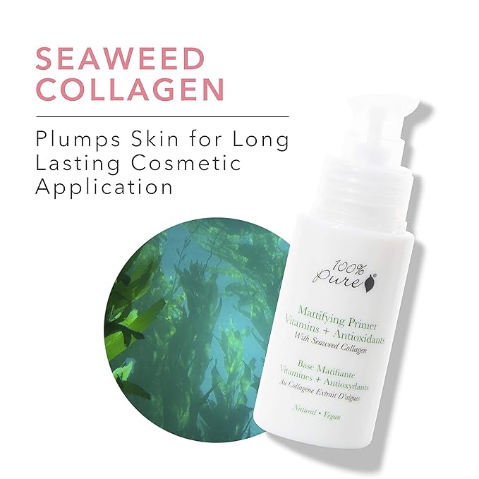 100% PURE Mattifying Face Primer Plumping Makeup Base & Moisturizer with Anti-Aging Seaweed Collagen - Long-Lasting Matte Pore Diminishing Cosmetics Prep, Flawless Smooth Skin Hydration - 1 oz-GlimoraGlow