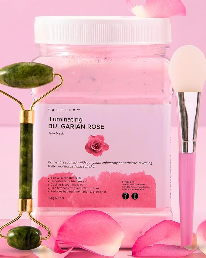 Jelly Face Mask for Facials - Bulgarian Rose Hydrating, Brightening & Nourishing Jelly Mask with Free Jade Roller & Spatula | Professional Hydrojelly Masks | Vajacial Jelly Mask Powder | 23 Oz Jar-GlimoraGlow