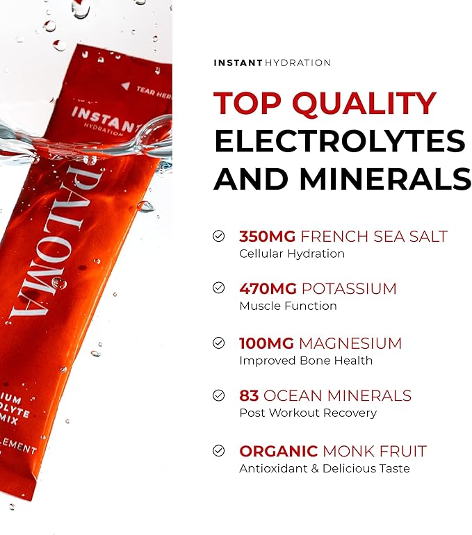 Instant Hydration Electrolytes Powder Packets - Paloma Electrolyte Drink Mix - Zero Sugar - Keto, Vegan, Gluten-Free, Non-GMO - Boost Recovery, Brain Health, Muscle & Tissue Support- 30 Sticks-GlimoraGlow