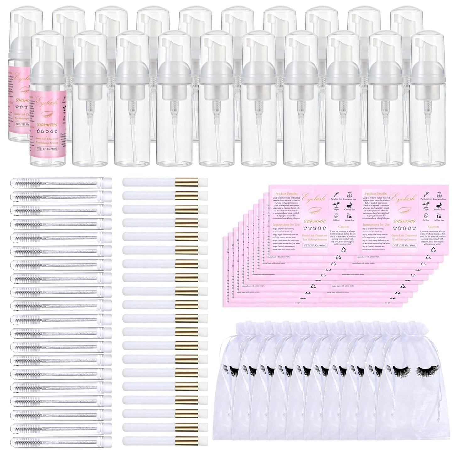 100 Pcs Lash Shampoo Bottle Brushes Set 20 Empty Foam Pump Dispensers 20 Label Stickers 20 Mascara Wands and Tubes 20 Cleansing Brush 20 Bag for Eyelash Extensions Aftercare(White)-GlimoraGlow
