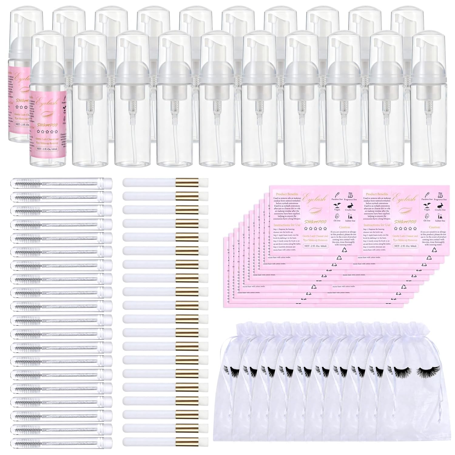 100 Pcs Lash Shampoo Bottle Brushes Set 20 Empty Foam Pump Dispensers 20 Label Stickers 20 Mascara Wands and Tubes 20 Cleansing Brush 20 Bag for Eyelash Extensions Aftercare(White)-GlimoraGlow