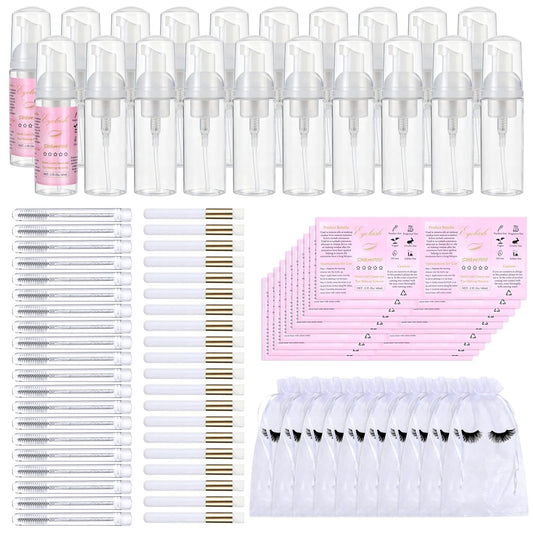 100 Pcs Lash Shampoo Bottle Brushes Set 20 Empty Foam Pump Dispensers 20 Label Stickers 20 Mascara Wands and Tubes 20 Cleansing Brush 20 Bag for Eyelash Extensions Aftercare(White)-GlimoraGlow