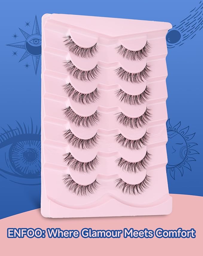 Lashes Short Natural Everyday Wispy Eyelashes Clear Band Flared Strip Eyelash Soft Lash Fluffy Pack 7 Pairs SF-09-GlimoraGlow