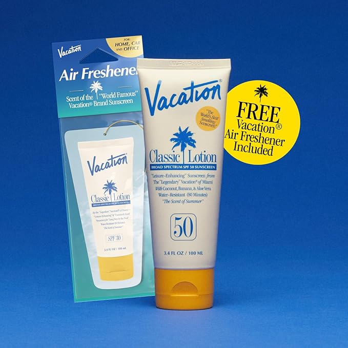 Vacation Classic Sunscreen Lotion SPF 50 & Air Freshener Bundle, Water-Resistant, Lightweight, Transparent on All Skin Tones, Dermatologist-Tested, Vegan, Travel Size, 3.4 Fl. Oz.-GlimoraGlow