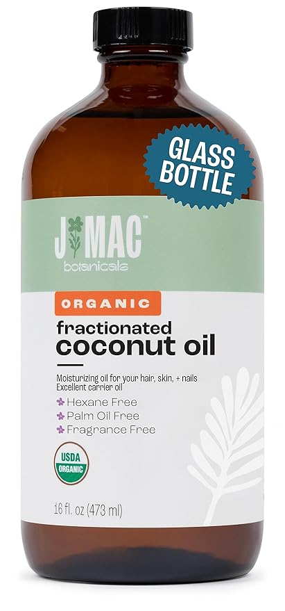 J MAC BOTANICALS Organic Fractionated Coconut Oil (16 Ounce Glass Bottle) Organic Carrier Oil and for DIluting Essential Oils, Moisturizer, Hair Care-GlimoraGlow