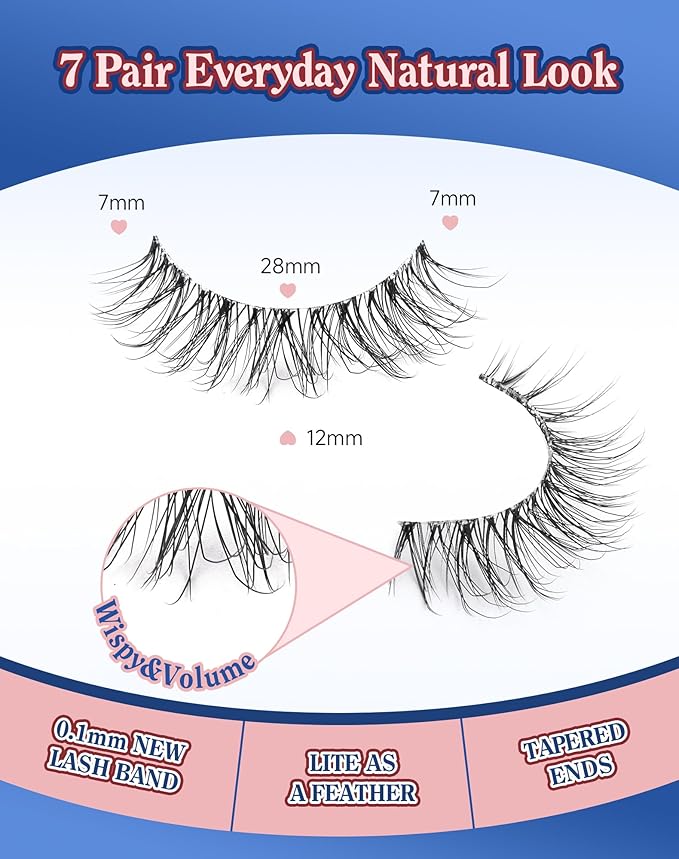 Eyelashes Natural Look Wispy Lashes Flared Strip False Eyelash Short Lash Soft False Eyelashes Fluffy Pack 7 Pairs Everyday 12MM D86-GlimoraGlow