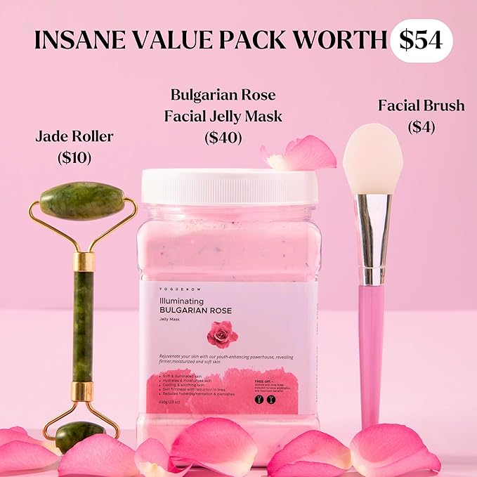Jelly Face Mask for Facials - Bulgarian Rose Hydrating, Brightening & Nourishing Jelly Mask with Free Jade Roller & Spatula | Professional Hydrojelly Masks | Vajacial Jelly Mask Powder | 23 Oz Jar-GlimoraGlow