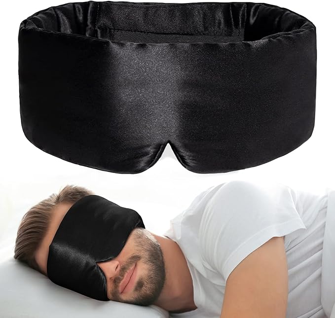 100% Natural Silk Eye Mask for Women Men, Soft Pressureless Cooling Blackout Eye Covers for Sleeping, Large Size Sleep Mask fits All Heads Adjustable, 1PC, Black-GlimoraGlow