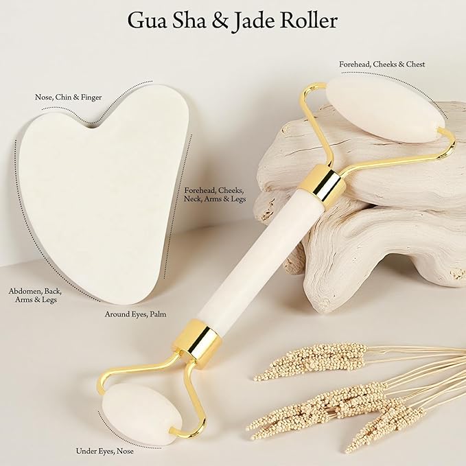 Real Perfection Gua Sha Facial Tools Face Roller for Wrinkles Jade Roller and Gua Sha Set, Scrubber Pore Brush Headband Skin Care Tools for Travel Skincare Routine Massaging Reducing Puffiness - White-GlimoraGlow