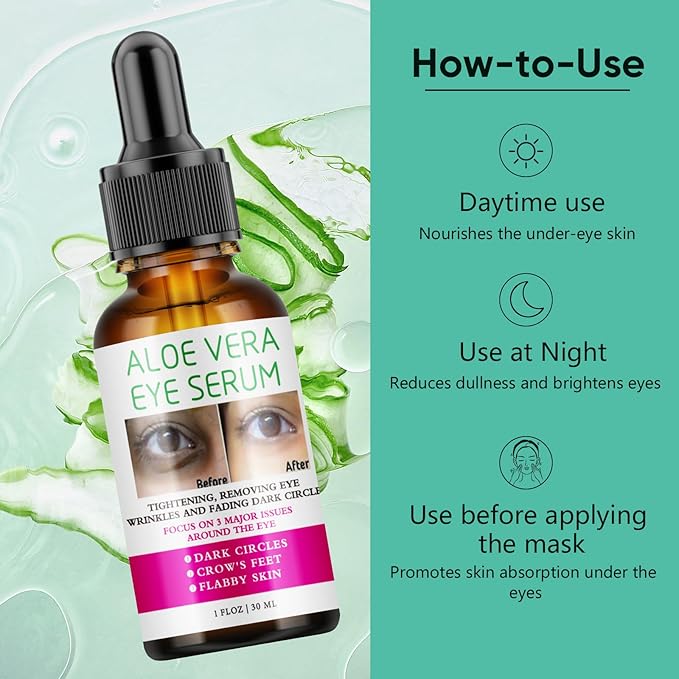 Aloe Vera Eye Serum Dark Circles Under Eye Treatment for Women to Reduce Appearance of Puffy Eyes Eye Bags Fine Lines and Wrinkles for All Skin Types, Beauty Skin Care Gift-GlimoraGlow