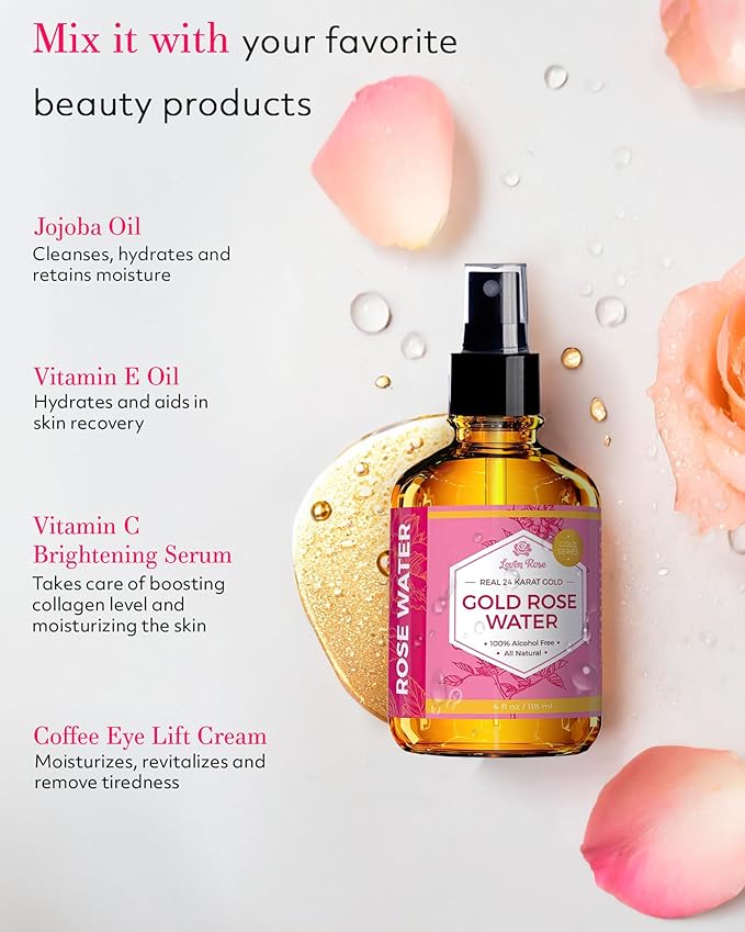 24 Karat Gold Rose Water Toner by Leven Rose Natural Moroccan 24K Rosewater Toner 4 oz-GlimoraGlow