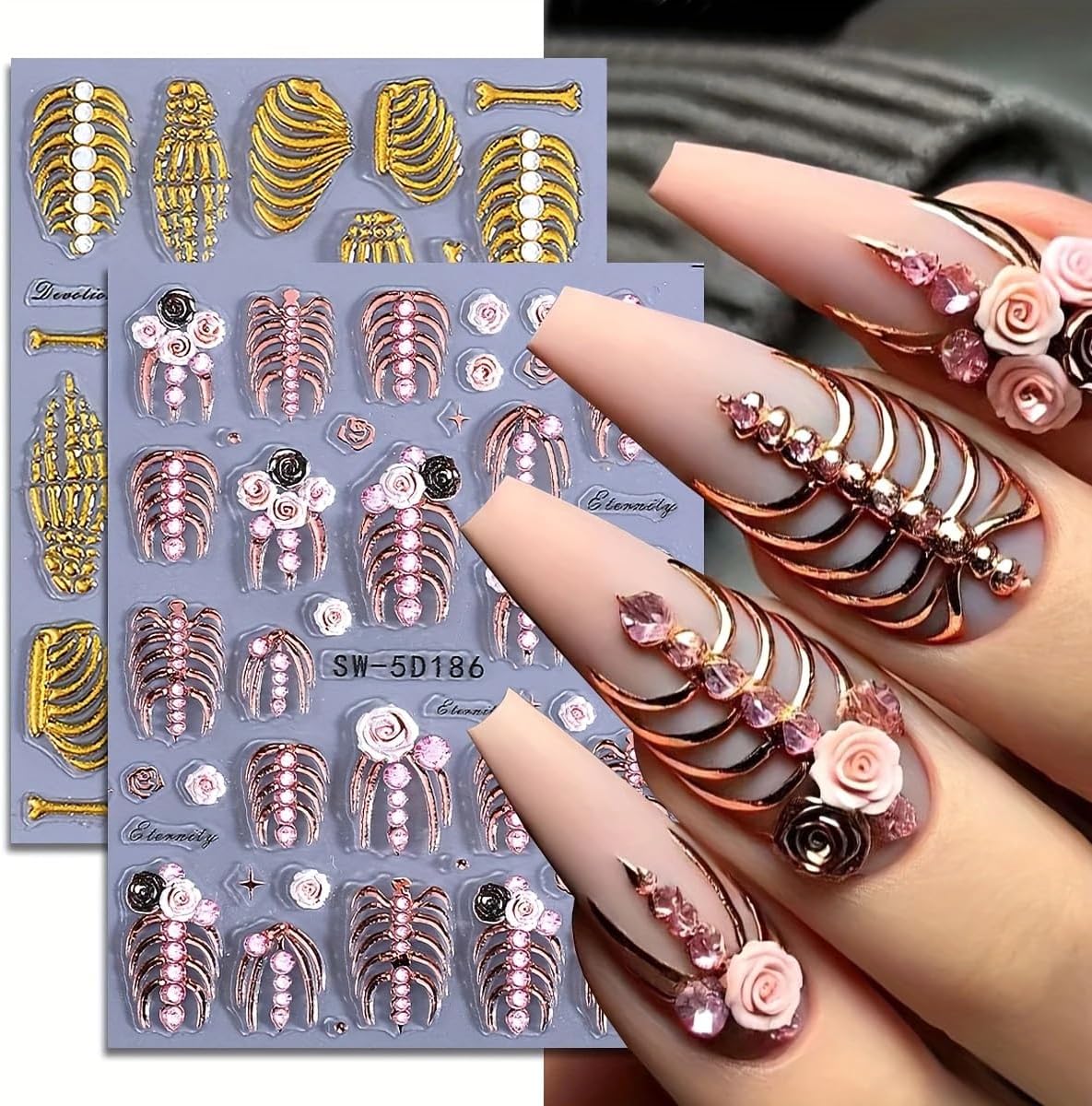 2 Sheets 5D Embossed Skull & Bone Nail Decals for Nail Art Self-Adhesive Halloween Nail Stickers Pink Hand Bone Rose Flower Nail Art Stickers Scary Gold Bones Design Decals for Women Nail Accessories-GlimoraGlow