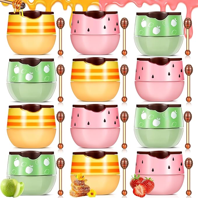 12 Pcs Bee Lip Balm Honey Pot with Brush Propolis Lip Mask Overnight, Moisturizing Hydrating Lip Sleeping Mask Prevention Dry and Cracked(Honey+Strawberry+Apple Lime)-GlimoraGlow