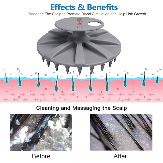 INNERNEED One-Piece Scalp Massager Shampoo Brush, Wet & Dry Scalp Care Head Scrubber Hair Washing, Soft Silicone Bristles, for Hair Growth, Dandruff Removal, Comfortable for All Hair Types (Gray)-GlimoraGlow