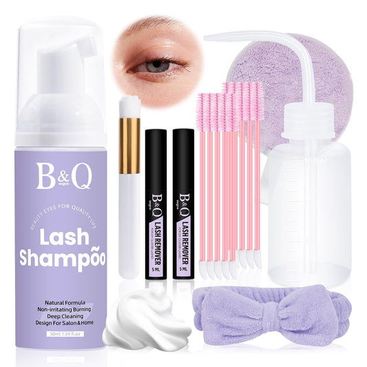 Lash Shampoo Kit Lash Cleaning Kit 50ML Lash Bath Kit Lash Wash for Eyelash Extensions Lash Remover Mascara Brush with Hairband Portable Eyelash Cleanser for Home Use (50ML Shampoo Kit)-GlimoraGlow