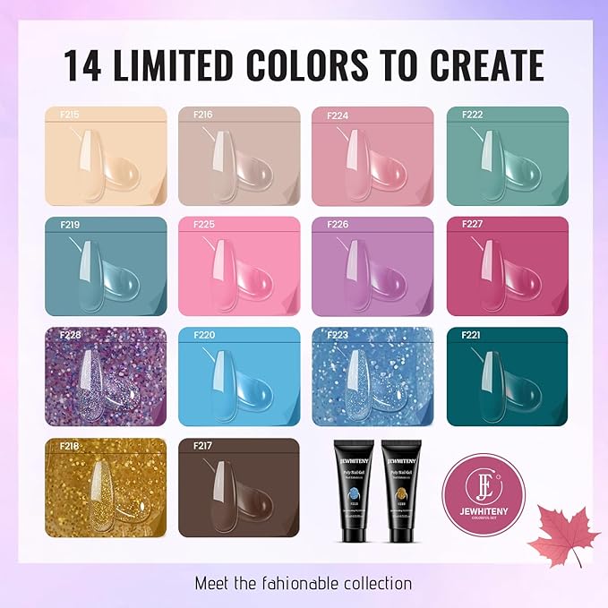 JEWHITENY Poly Gel Nail Kit 14 Colors - Yellow Nude Pink Blue Purple Glitter Tones Starter Kit with UV Lamp Base & Top Coat All-in-One Gift for Women Need U V Light Curing-GlimoraGlow