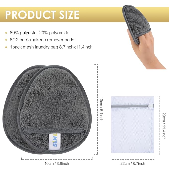 SINLAND Reusable Makeup Remover Pads For Face,Eye,Lips Microfiber Gentle Facial Cleansing Cloths for All Skin Types Friendly for Makeup Remover With Laundry Bag 5.1inchx3.93inch Grey Pack of 6-GlimoraGlow