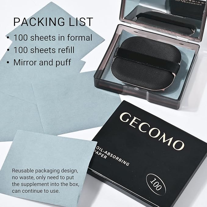KYDA 200 Sheets Bamboo Charcoal Oil Blotting Paper with Mirror and Puff, Refills Included, Face Oil Absorbing Sheets, Makeup Friendly Oil Control Paper, Travel Size Oil Control Film-GlimoraGlow
