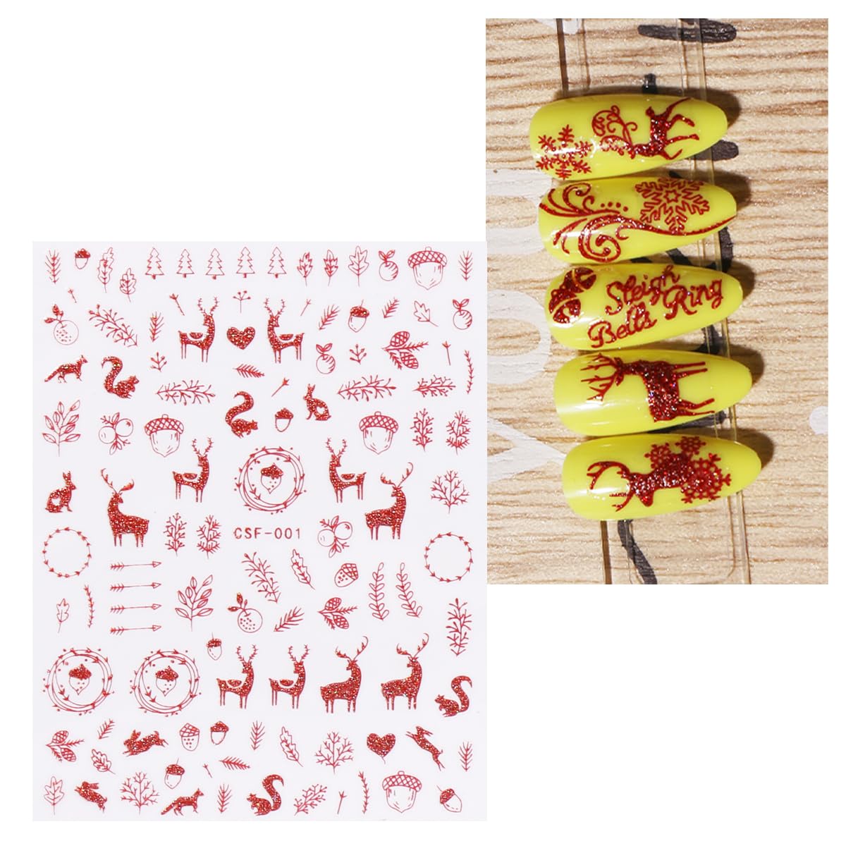 JMEOWIO 9 Sheets Christmas Glitter Nail Art Stickers Decals Self-Adhesive Red Nail Supplies Nail Art Design Decoration Accessories-GlimoraGlow