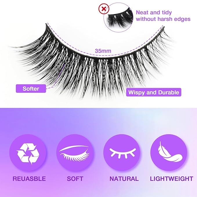 Wispy False Eyelashes Kit With Bond, Seal and Tweezer, 7 Pairs Natural Look Fake Cat Eye Lashes Strips Thin Band Extensions Waterproof Easy Eyelashes for Beginners RQ45-GlimoraGlow
