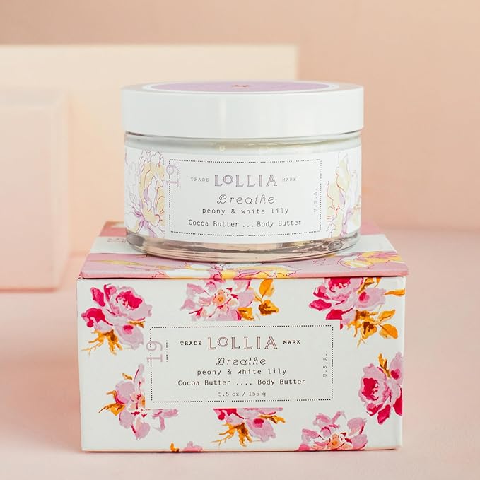 LOLLIA Breathe Body Butter, 5.5 oz. - Peony & White Lily Fragrance - Shea Butter & Cocoa Butter, Body Lotion for Women, Hydrating & Smooth Body Moisturizer-GlimoraGlow
